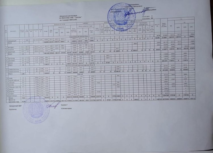 2025 жылдың 1 қаңтар айының штаттық кестесі.
